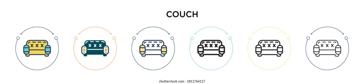 Couch icon in filled, thin line, outline and stroke style. Vector illustration of two colored and black couch vector icons designs can be used for mobile, ui, web