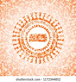 couch icon inside abstract emblem, orange mosaic background