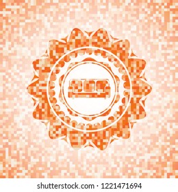 couch icon inside abstract emblem, orange mosaic background