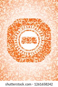 couch icon inside abstract emblem, orange mosaic background