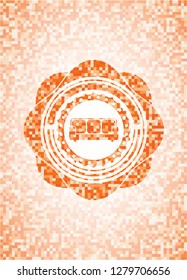 couch icon inside abstract emblem, orange mosaic background