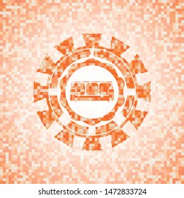 couch icon inside abstract emblem, orange mosaic background