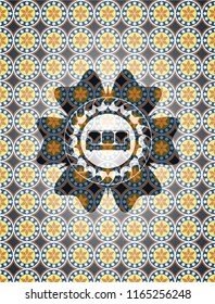 couch icon inside arabic badge background. Arabesque decoration.