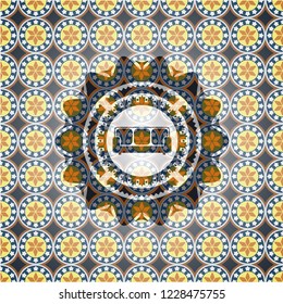 couch icon inside arabic badge background. Arabesque decoration.