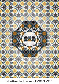 couch icon inside arabic badge. Arabesque decoration.