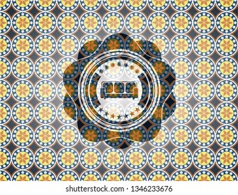 couch icon inside arabic badge. Arabesque decoration.