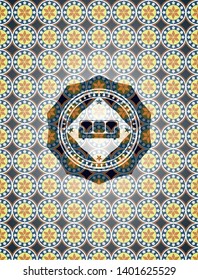 couch icon inside arabic style badge. Arabesque decoration.