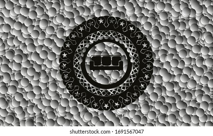 couch icon inside black emblem with grey bubbles background. Vector Illustration. Detailed. 