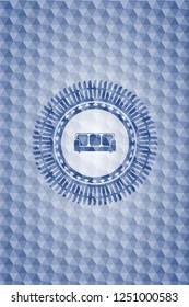 couch icon inside blue badge with geometric pattern.