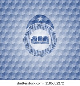 couch icon inside blue emblem or badge with abstract geometric polygonal pattern background.