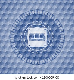 couch icon inside blue emblem or badge with geometric pattern background.