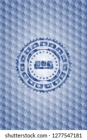 couch icon inside blue emblem with geometric background.