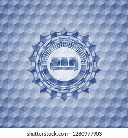 couch icon inside blue emblem or badge with abstract geometric pattern background.