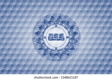 couch icon inside blue emblem with geometric pattern.