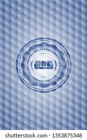 couch icon inside blue emblem or badge with abstract geometric polygonal pattern background.