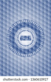 couch icon inside blue emblem with geometric pattern background.