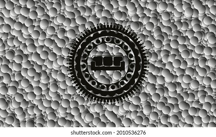 couch icon inside dark badge with grey bubbles background. Vector Illustration. Detailed. 