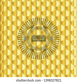 couch icon inside gold badge. Scales pattern. Vector Illustration. Detailed.