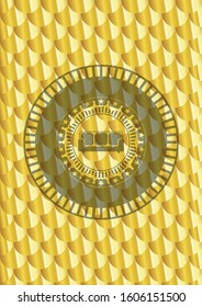 couch icon inside gold badge. Scales pattern. Vector Illustration. Detailed.