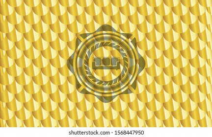 couch icon inside gold emblem. Scales pattern. Vector Illustration. Detailed.
