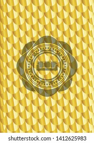 couch icon inside gold shiny emblem. Scales pattern. Vector Illustration. Detailed.