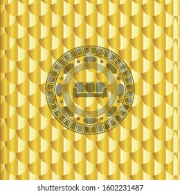 couch icon inside gold shiny badge. Scales pattern. Vector Illustration. Detailed.