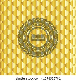 couch icon inside golden badge. Scales pattern. Vector Illustration. Detailed.