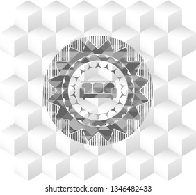 couch icon inside grey emblem. Vintage with geometric cube white background