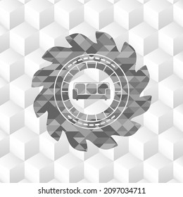 couch icon inside grey emblem with cube white background. 