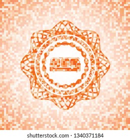 couch icon inside orange mosaic emblem with background