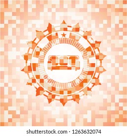 couch icon inside orange tile background illustration. Square geometric mosaic seamless pattern with emblem inside.