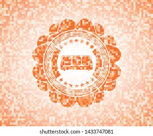 couch icon inside orange tile background illustration. Square geometric mosaic seamless pattern with emblem inside.