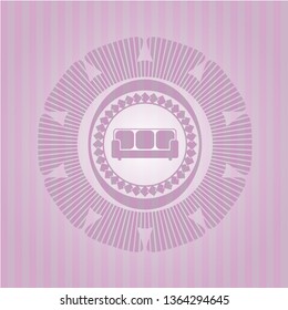 couch icon inside pink emblem. Retro