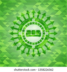 couch icon inside realistic green emblem. Mosaic background