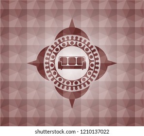 couch icon inside red badge with geometric pattern background. Seamless.