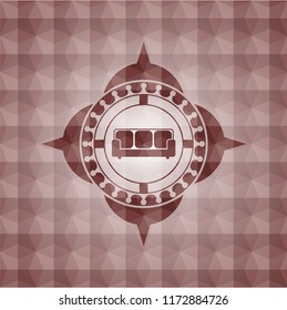 couch icon inside red emblem or badge with abstract geometric pattern background. Seamless.