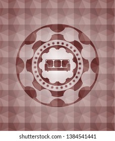 couch icon inside red seamless emblem or badge with abstract geometric polygonal pattern background.