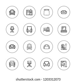 Couch icon set. collection of 16 outline couch icons with armchair, chair, couch, dressing table, kitchen furniture, living room, sofa icons.