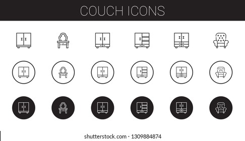 couch icons set. Collection of couch with closet, dressing table, armchair. Editable and scalable couch icons.