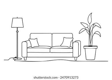 Couch and lamp with plant continuous line art vector illustration