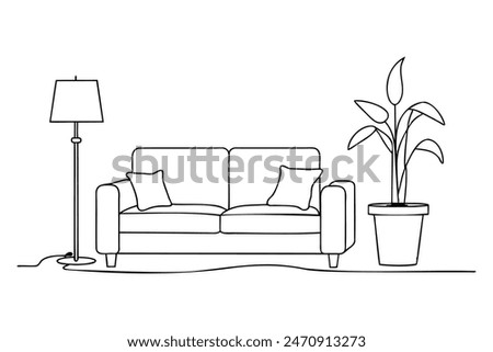 Couch and lamp with plant continuous line art vector illustration