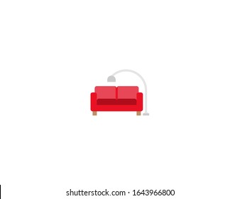 Couch and lamp vector flat icon. Isolated red sofa, living room emoji illustration 