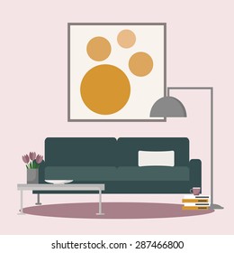 Couch in the living room interior. Big sofa in the room with coffee table, lamp and paint on the wall. Flat style vector illustration. 