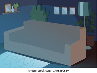 Couch for movie night flat color vector illustration. Sofa in dark livingroom in evening. Furnished house. Home furniture for leisure. Living room 2D cartoon interior with decor on background