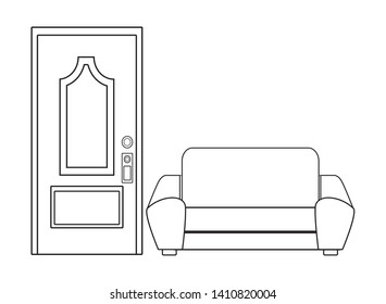 couch next to a door icon cartoon black and white vector illustration graphic design