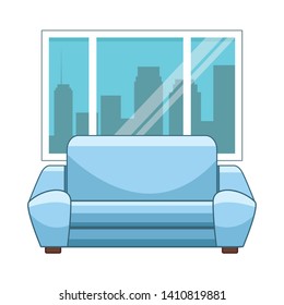 couch next to a window with a cityscape silhouette icon cartoon vector illustration graphic design