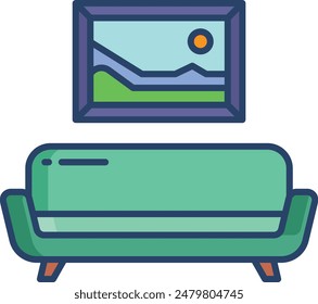 Couch and photo frame linear color illustration