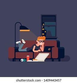 Couch potato concept illustration with man watching movies on computer. Relaxed guy lying on a sofa watching film on a laptop with pizza delivery box and aluminium beverage cans on the floor