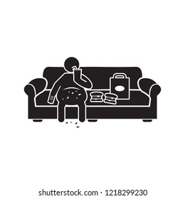 Couch Potato Icon. Obese Person Sitting On Couch Eating And Watching Tv Icon. Vector.