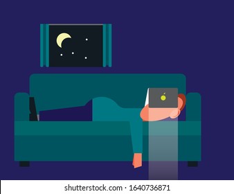 Couch potato man lying on sofa binge watching television show on streaming service late at night